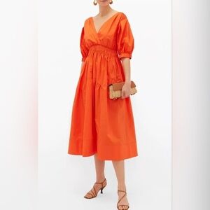 Self-Portrait Orange Pleated Cotton Poplin Midi Dress with Puff Sleeves 10